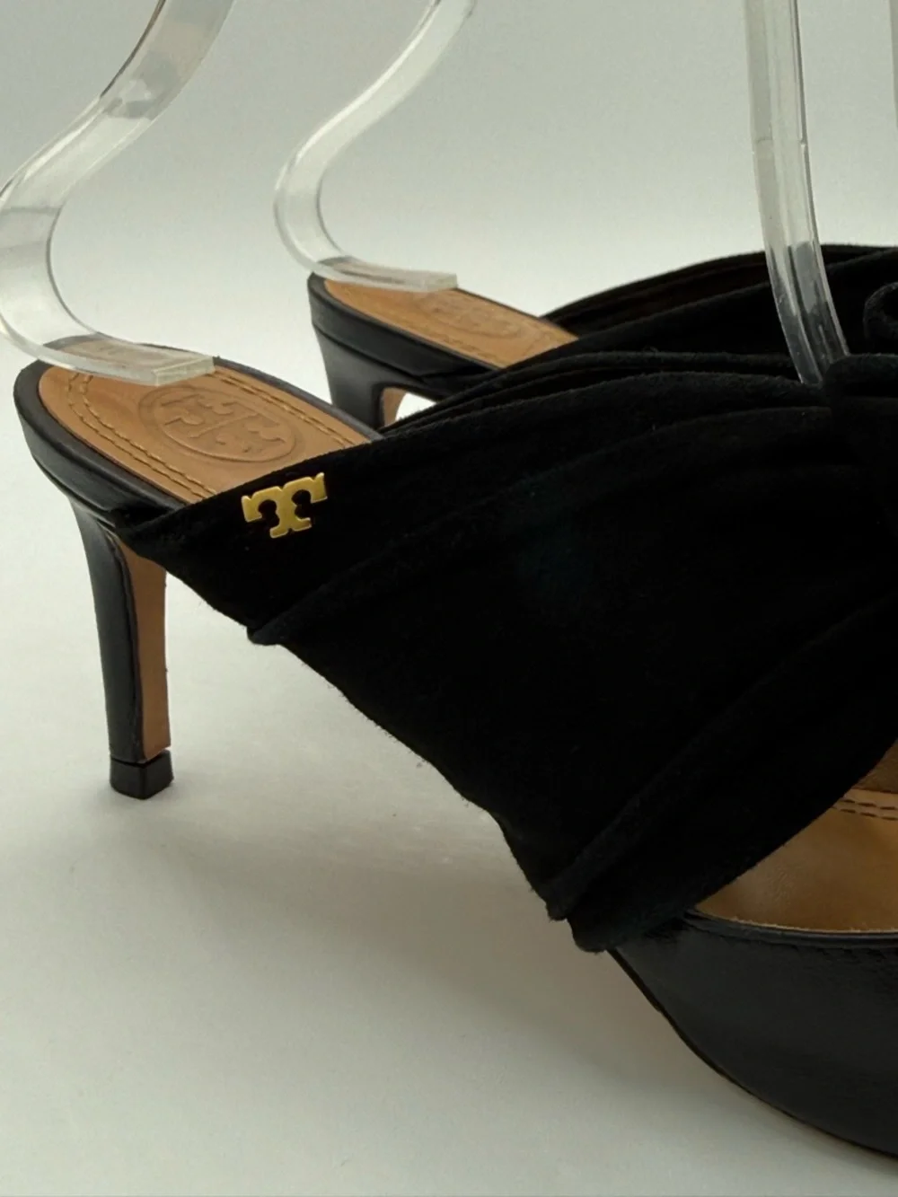 Tory Burch Eleanor Black Leather Pointed Toe Mule Heels w/ Velvet Bow Size 7